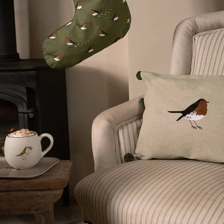 Sophie Allport Cushion Linen Blend Embroidered Robins