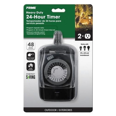 Prime Outdoor 24 Hour Mechanical Timer With Two Grounded Outlets 125 volt Black