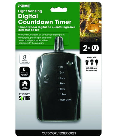 Prime Outdoor 24 Hour Digital Countdown Timer with Two Grounded Outlets 125 volt Black